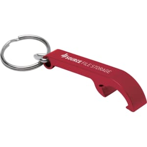 A drink bottle opener keyring in red, featuring a sleek design and a logo on the side.