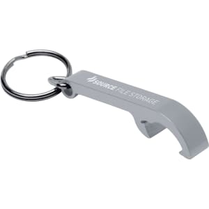A drink bottle opener keyring in silver with a keyring attachment and a branding logo.