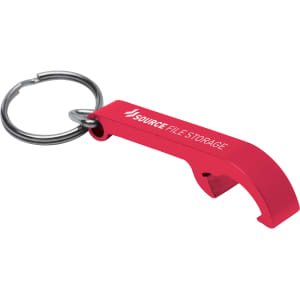 A drink bottle opener in red, features a keyring attachment and has a logo on its side.