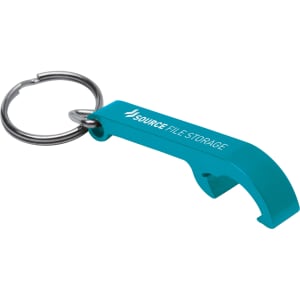 A drink bottle opener keyring in bright turquoise with a metal ring and a logo printed on it.