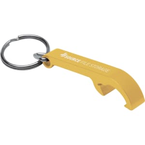 A drink bottle opener keyring in yellow, featuring a metal design with a branding logo.