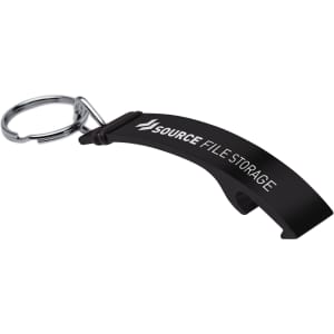 A drink bottle opener in black, designed as a keyring, featuring a logo.