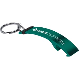 A drink bottle opener keyring in teal with a silver keyring attachment and branding on the side.