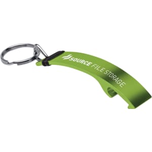 A green bottle opener with a keyring attachment, featuring a logo on the side.