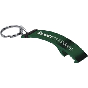 A drink bottle opener keyring in green, featuring a branding logo.