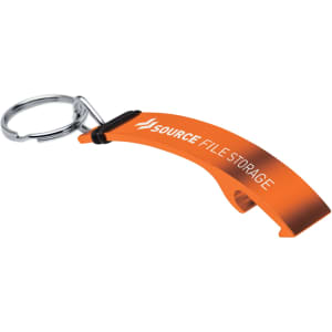 A drink bottle opener keyring in bright orange with a silver keyring attachment and a logo.
