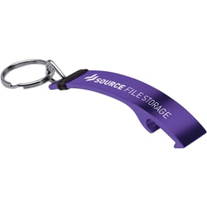 A drink bottle opener keyring in purple featuring a logo, with a metal keyring attachment.
