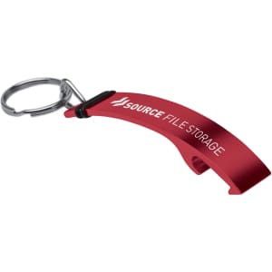 A drink bottle opener in red metallic finish, featuring a keyring and branding on the side.