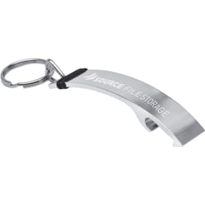 A drink bottle opener keyring in silver, featuring a logo and a keyring attachment.