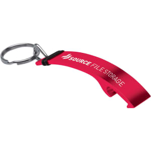 A drink bottle opener keyring in bright red, featuring a curved design and a logo.