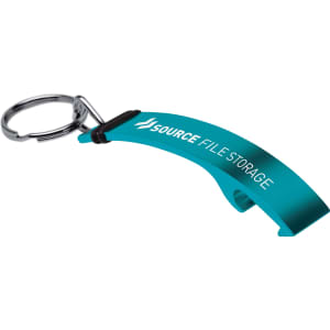 A drink bottle opener keyring in teal with a silver keyring attachment and a logo.
