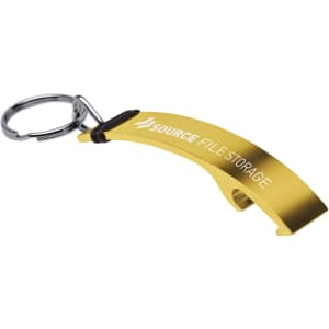 A drink bottle opener in gold metal, featuring a keyring attachment and branding.