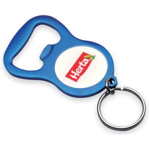 A blue bottle opener keyring featuring a circular area for branding. It includes a metal ring attachment.