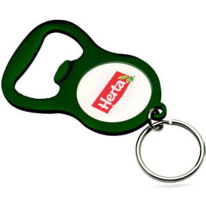 A green bottle opener keyring featuring a circular area for a logo.