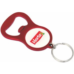 A drink bottle opener keyring in red with a circular area for branding. Features a metal keyring attachment.