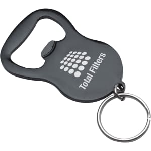 A drink bottle opener in dark grey with a keyring attachment and a logo displayed prominently.