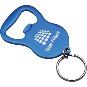 A drink bottle opener keyring in blue, featuring a circular keyring attachment and a logo.