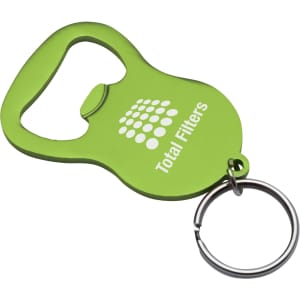 A drink bottle opener in vibrant green, featuring a keyring attachment and a logo on the surface.