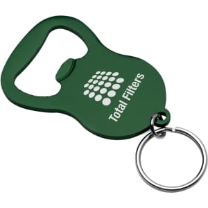A green bottle opener keyring featuring a circular opening and a logo. It includes a metal ring for attachment.