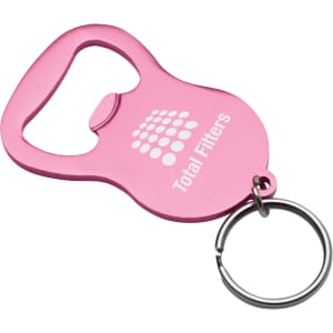 A pink Pilsner bottle opener keyring with a silver keyring attachment, featuring a logo on one side.
