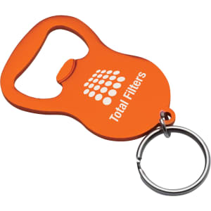 A drink bottle opener in vibrant orange, featuring a keyring and a logo. Suitable for easy bottle opening.