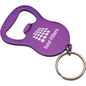 A drink bottle opener in a purple colour, featuring a keyring and a logo on its surface.