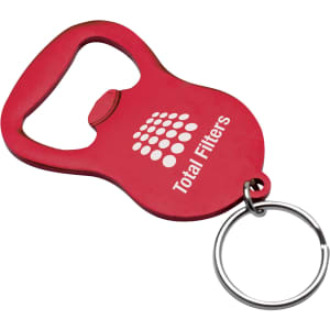 A red bottle opener keyring featuring a round handle and metal keyring attachment, with a logo on its body.