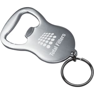 A drink bottle opener in silver, featuring a keyring attachment and a logo.