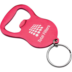 A drink bottle opener in a vibrant red colour, featuring a circular keyring attachment and a logo.