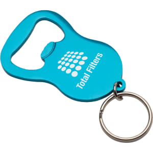A drink bottle opener keyring in bright blue featuring a metal keyring attachment and a logo.