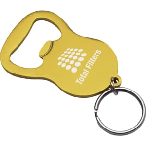 A drink bottle opener keyring in yellow with a circular keyring attachment and a logo.