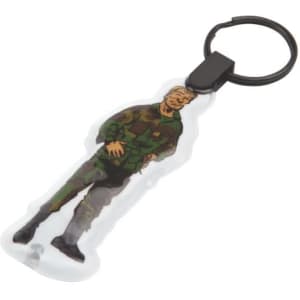 A keyring featuring a cartoon soldier in camouflage attire, attached to a black keyring loop.