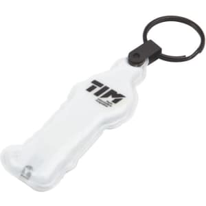 A clear keyring in a human silhouette shape, featuring a black logo and a keychain attachment.