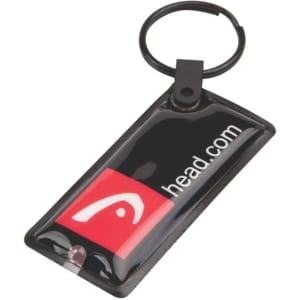 A black keyring with a rectangular design featuring a red and white logo, including a light function.