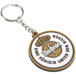 A round, rubber keyring with a gold crown design, featuring a logo and attached to a metal keychain.