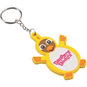 A yellow dodo keyring featuring a cartoon design with a smiling face and a metal keychain attachment.