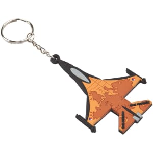 A keyring shaped like an orange jet fighter, featuring detailing and a metal keychain attachment.