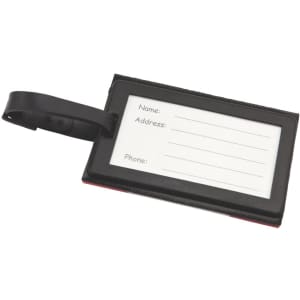 A black and red luggage tag with a clear window for personal information, including fields for name, address, and phone.