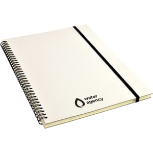 A spiral-bound A4 notebook with a white cover and black elastic band, featuring a logo on the front.