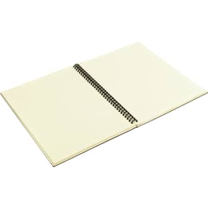 A spiral-bound A4 notebook with lined pages, featuring a cream-coloured interior and a dark cover.
