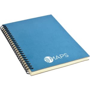 A blue A5 notebook with a textured cover and a spiral binding, featuring a logo on the front.