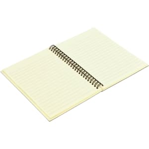 A spiral-bound A5 notebook with lined pages, featuring a cream cover and a black wire binding.