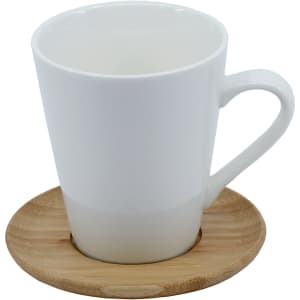 A white coffee mug with a stylish bamboo saucer, featuring a sleek design and simple elegance.