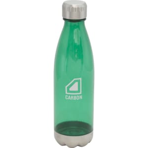 A drink bottle in vibrant green with a stainless steel base and a logo on the front.