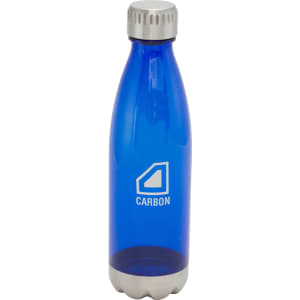 A drink bottle in blue with a stainless steel base and a logo on the side.