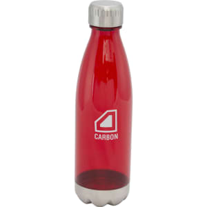 A drink bottle in red with a stainless steel base and a logo on the front.