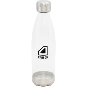 A drink bottle with a transparent body and a silver base, featuring a logo in black.