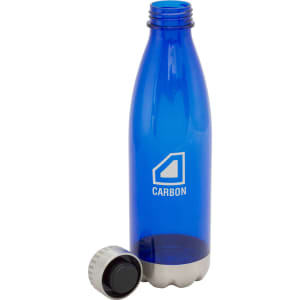 A drink bottle in blue featuring a metallic base and a screw-on lid, with a logo on the side.