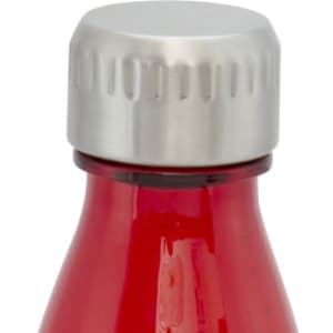 A drink bottle in vibrant red with a silver screw-top lid and a sleek design. It features a logo on the side.