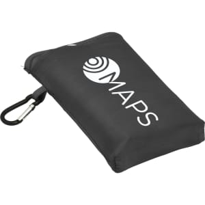 A compact, black picnic mat with a carabiner attachment and a logo.